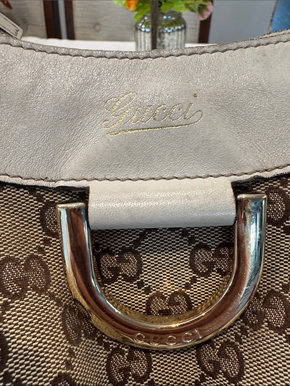 Authentic Gucci Brown GG Canvas Shoulder Hobo with White Trim - Picture 7 of 13